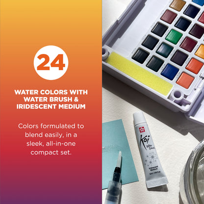 SAKURA Koi Watercolor Pocket Field Sketch Set with Brush, 24 Blendable Colors + Iridescent Medium XNCW-24N5L