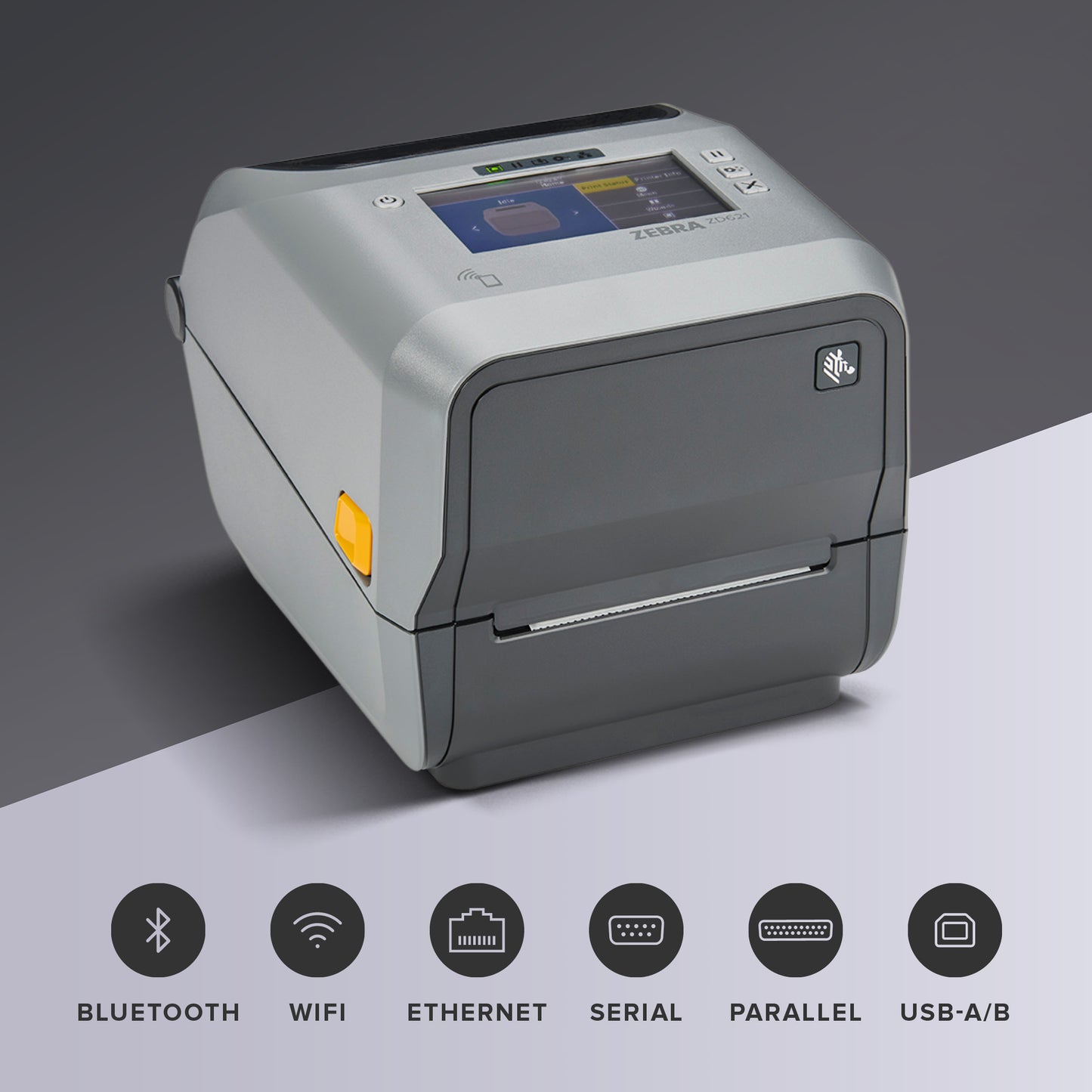 Zebra ZD621 Thermal Transfer Desktop Printer Color Touch LCD 203 dpi Print Width 4-inch USB Serial Ethernet 802.11ac ZD6A142-301L01EZ