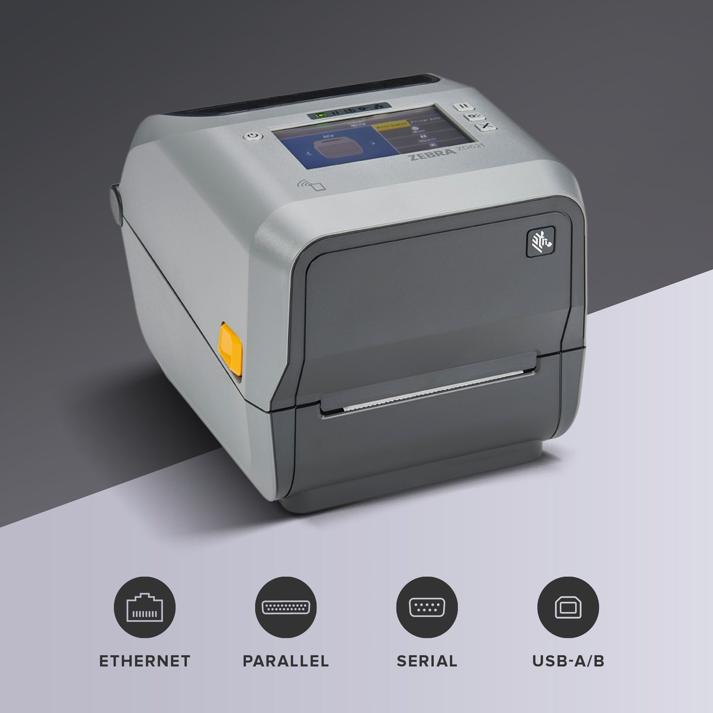 Zebra ZD621 Thermal Transfer Desktop Printer Color Touch LCD 300 dpi Print Width 4-inch USB Serial Ethernet ZD6A143-301F00EZ