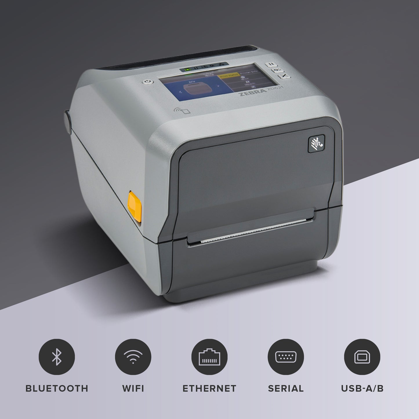 Zebra ZD621 Thermal Transfer Desktop Printer Color Touch LCD 300 dpi Print Width 4-inch USB Serial Ethernet 802.11ac ZD6A143-301L01EZ