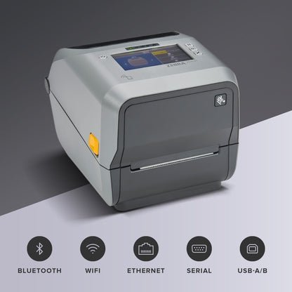 Zebra ZD621 Thermal Transfer Desktop Printer Color Touch LCD 300 dpi Print Width 4-inch USB Serial Ethernet 802.11ac ZD6A143-301L01EZ