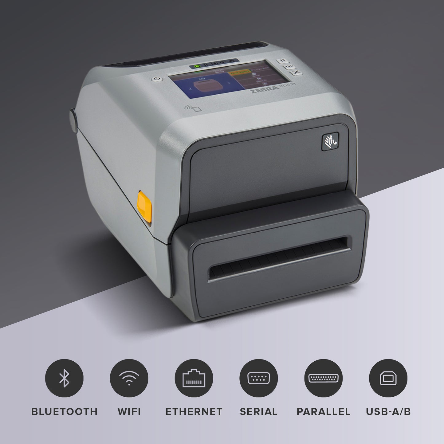 Zebra ZD621 Thermal Transfer Desktop Printer Color Touch LCD 300 dpi Print Width 4-inch USB Serial Ethernet 802.11ac with Cutter ZD6A143-321L01EZ