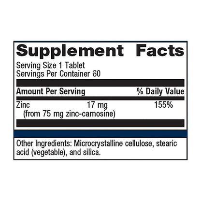 Metagenics Zinlori 75 High Potency Zinc Carnosine Supplement to Help Relieve Minor Stomach Discomfort - 60 Tablets