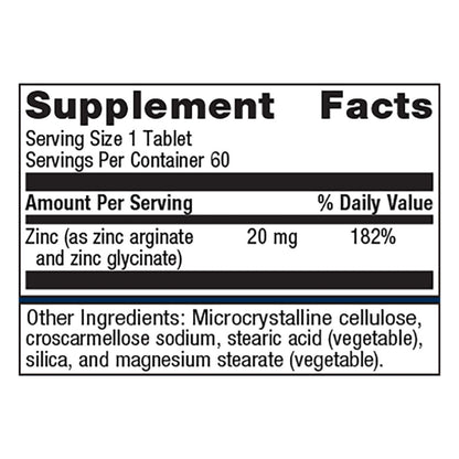 Metagenics Zinc AG, Highly Absorbable GI Friendly 20 mg Zinc Arginate and Zinc Glycinate Supplement - 60 Tablets