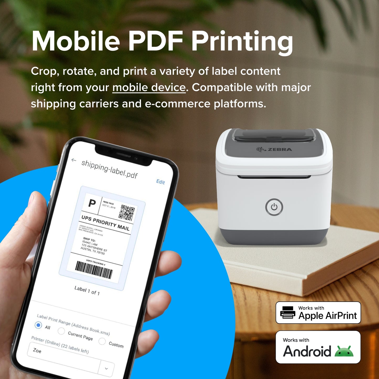 ZSB Series Thermal Label Printer from Zebra ZSB Label Printer Frustration Free Wireless Labeling for Shipping, Address, Barcodes, Filing and More - ZSB-DP12-2-inch Print Width