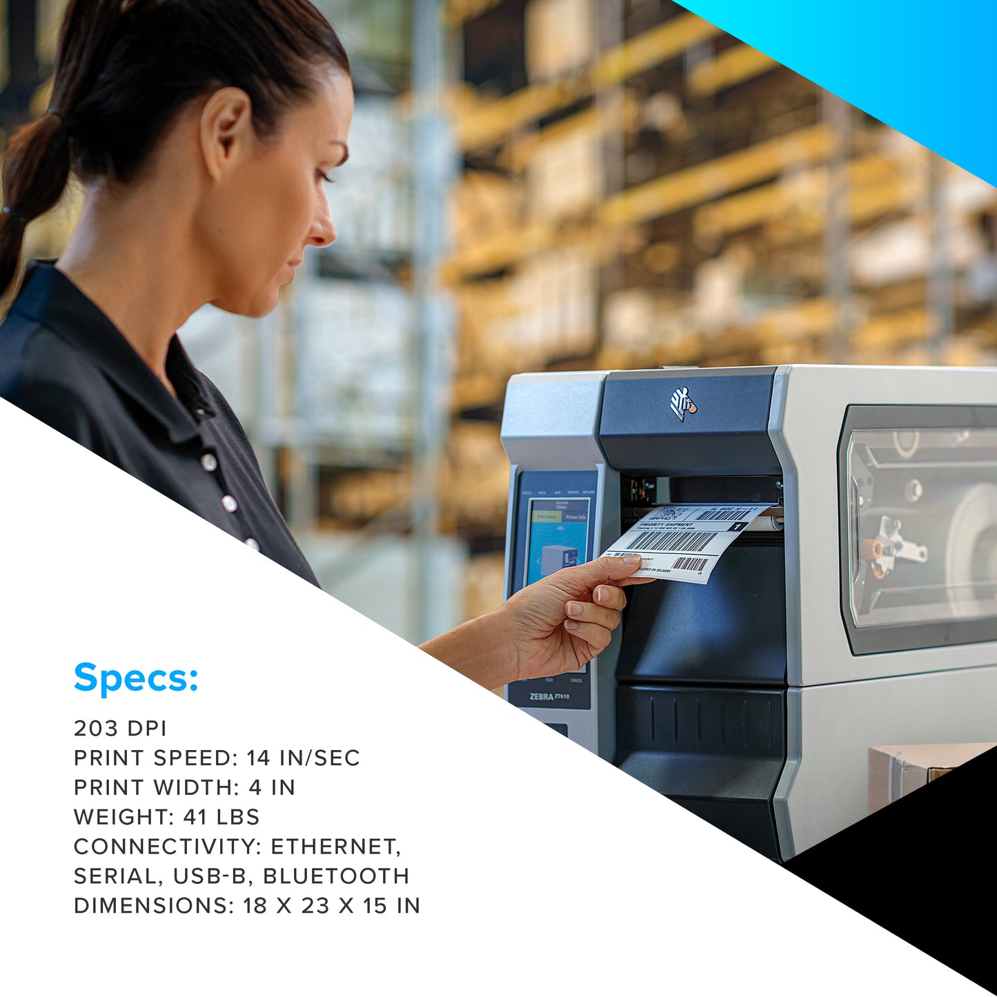 Zebra ZT411 Thermal Transfer Industrial Printer 203 dpi Print Width 4 in Serial USB Ethernet Bluetooth Peeler ZT41142-T110000Z