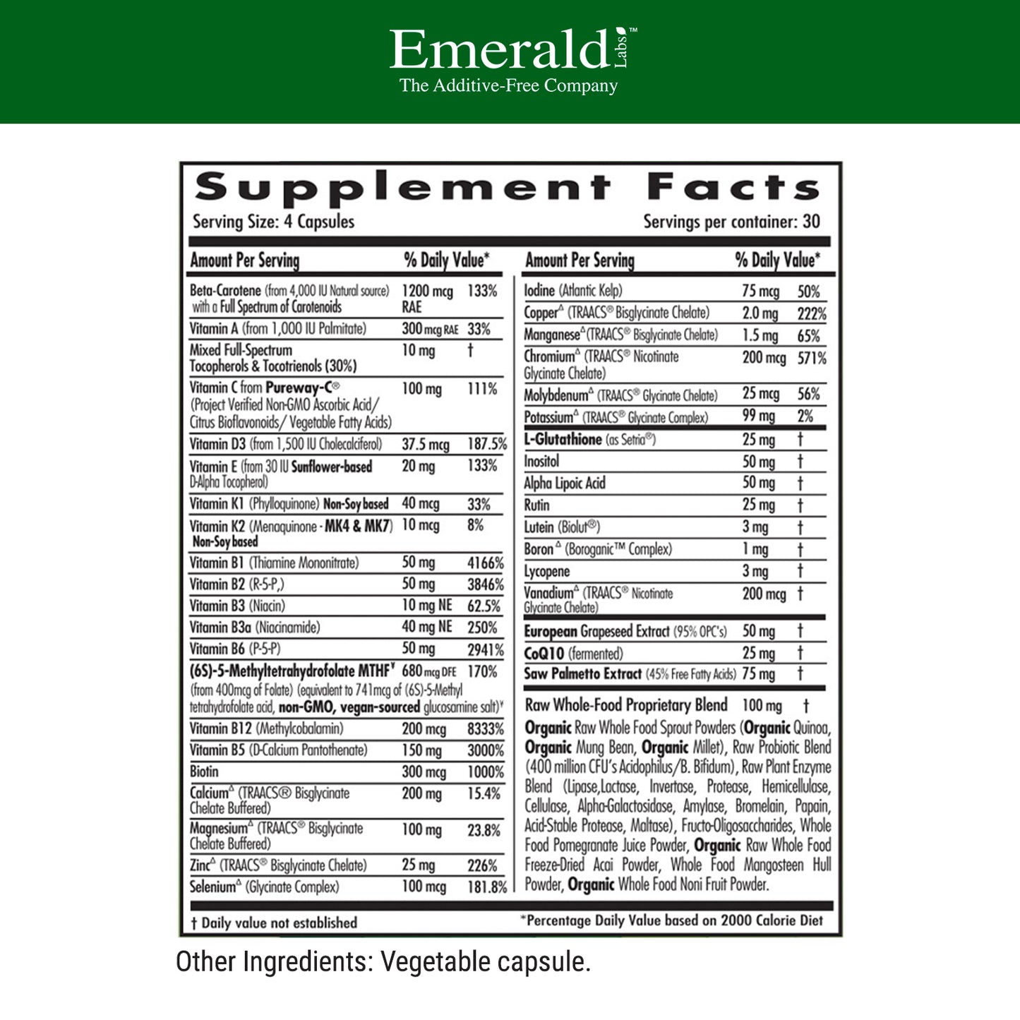 Emerald Labs Men's 45+ 4-Daily Multi - Multivitamin with CoQ10, Saw Palmetto, and Extra Lycopene Supporting Healthy Heart, Strong Bones, and Immune Health - 120 Vegetable Capsules