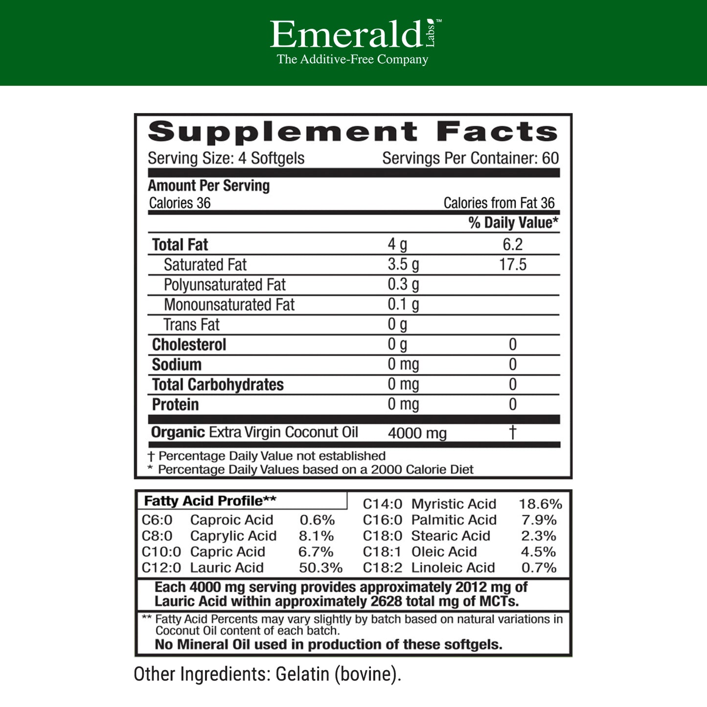 Emerald Labs Coconut Oil Softgels - Dietary Supplement with 100% Pure Extra Virgin Coconut Oil for Brain and Immune Support - 240 Softgels