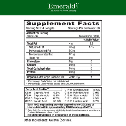 Emerald Labs Coconut Oil Softgels - Dietary Supplement with 100% Pure Extra Virgin Coconut Oil for Brain and Immune Support - 240 Softgels