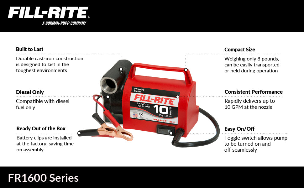 Fill-Rite FR1616 12V 10 GPM Portable Diesel Transfer Pump w/Discharge Hose, Manual Nozzle, Power Cable/Clips, & Suction Pipe