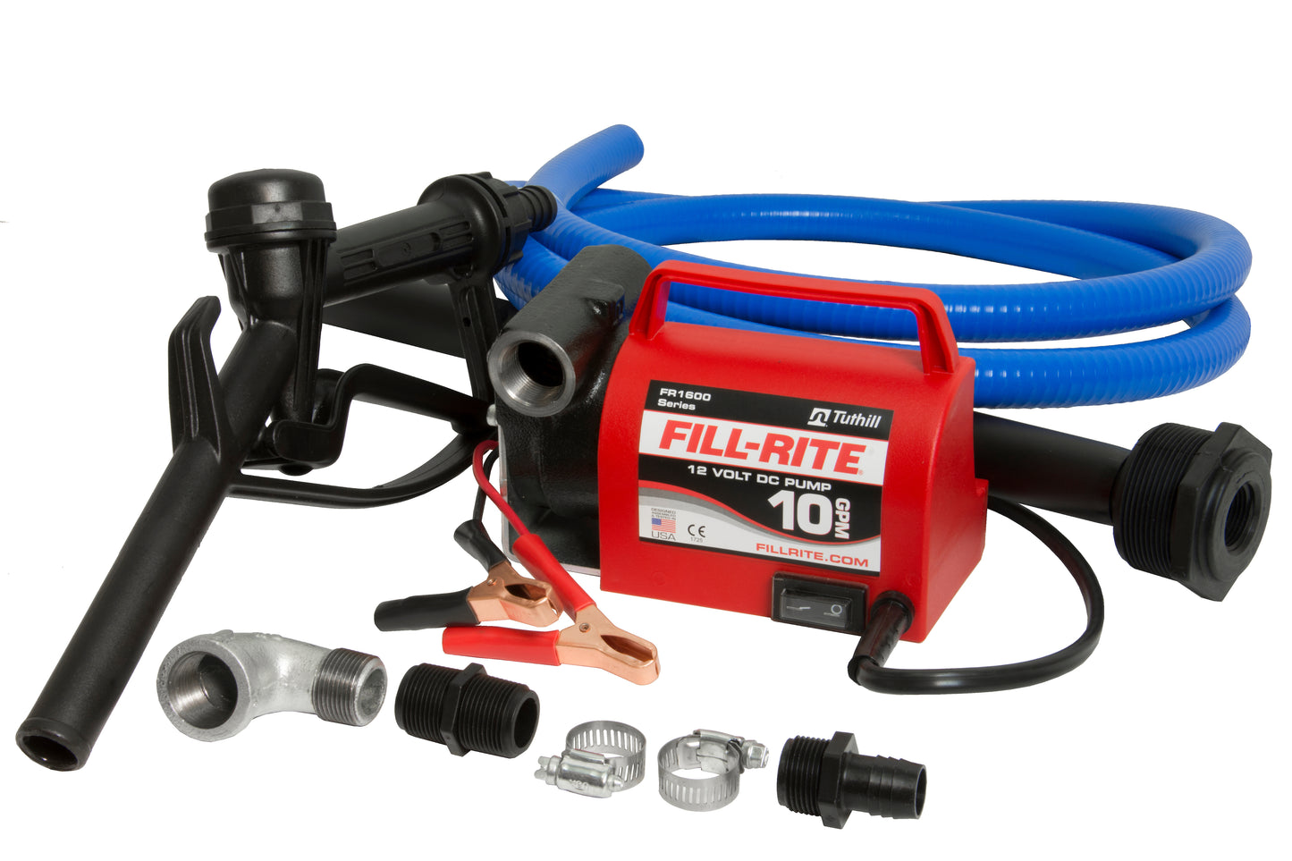 Fill-Rite FR1616 12V 10 GPM Portable Diesel Transfer Pump w/Discharge Hose, Manual Nozzle, Power Cable/Clips, & Suction Pipe