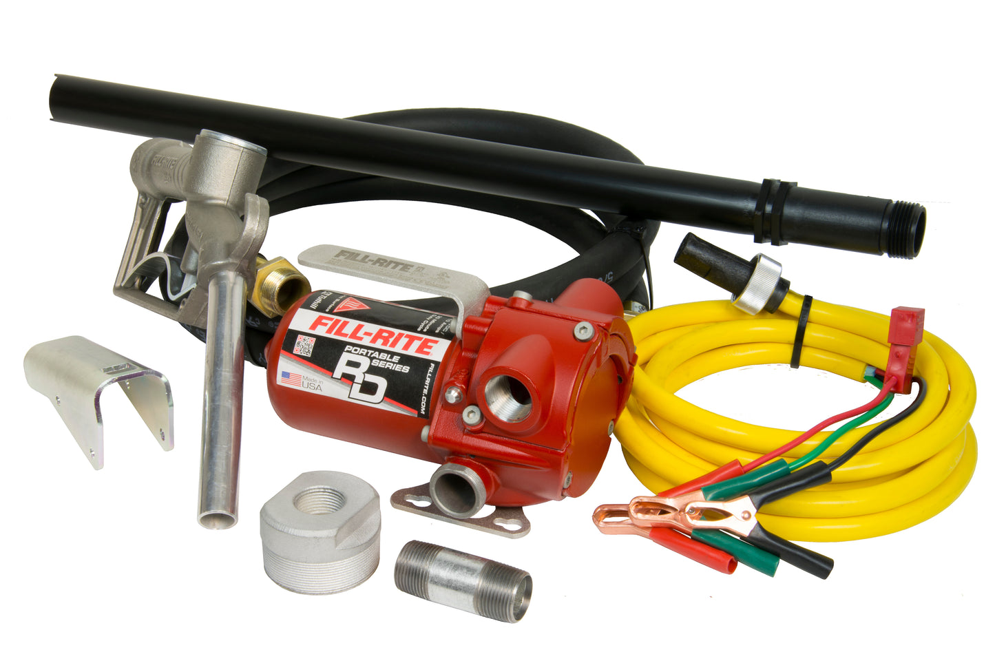 Fill-Rite RD812NP 12V 8 GPM Portable Fuel Transfer Pump w/Discharge Hose, Manual Nozzle, Power Cable/Clips, & Suction Pipe