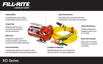 Fill-Rite RD812NH 12V 8 GPM Portable Fuel Transfer Pump w/Discharge Hose, Manual Nozzle, Power Cable/Clips, & Suction Hose