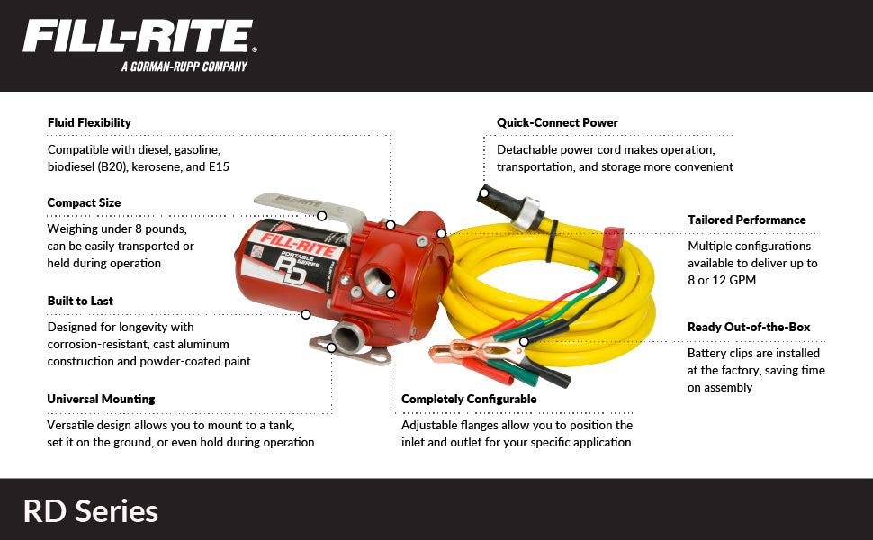 Fill-Rite RD812NN 12V 8 GPM Portable Fuel Transfer Pump (Pump Only w/Power Cable/Clips)