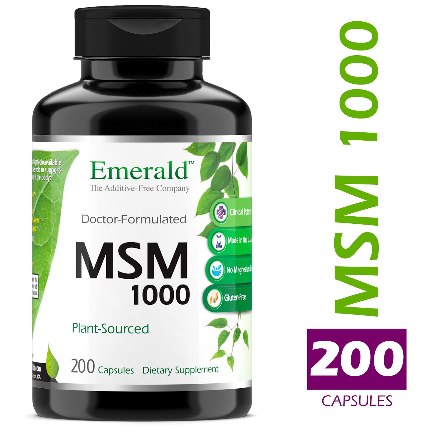 Emerald Labs MSM 1000 mg - Dietary Supplement with Plant-Sourced Methylsulfonylmethane for Joint Support and Healthy Immune Function - 200 Vegetable Capsules