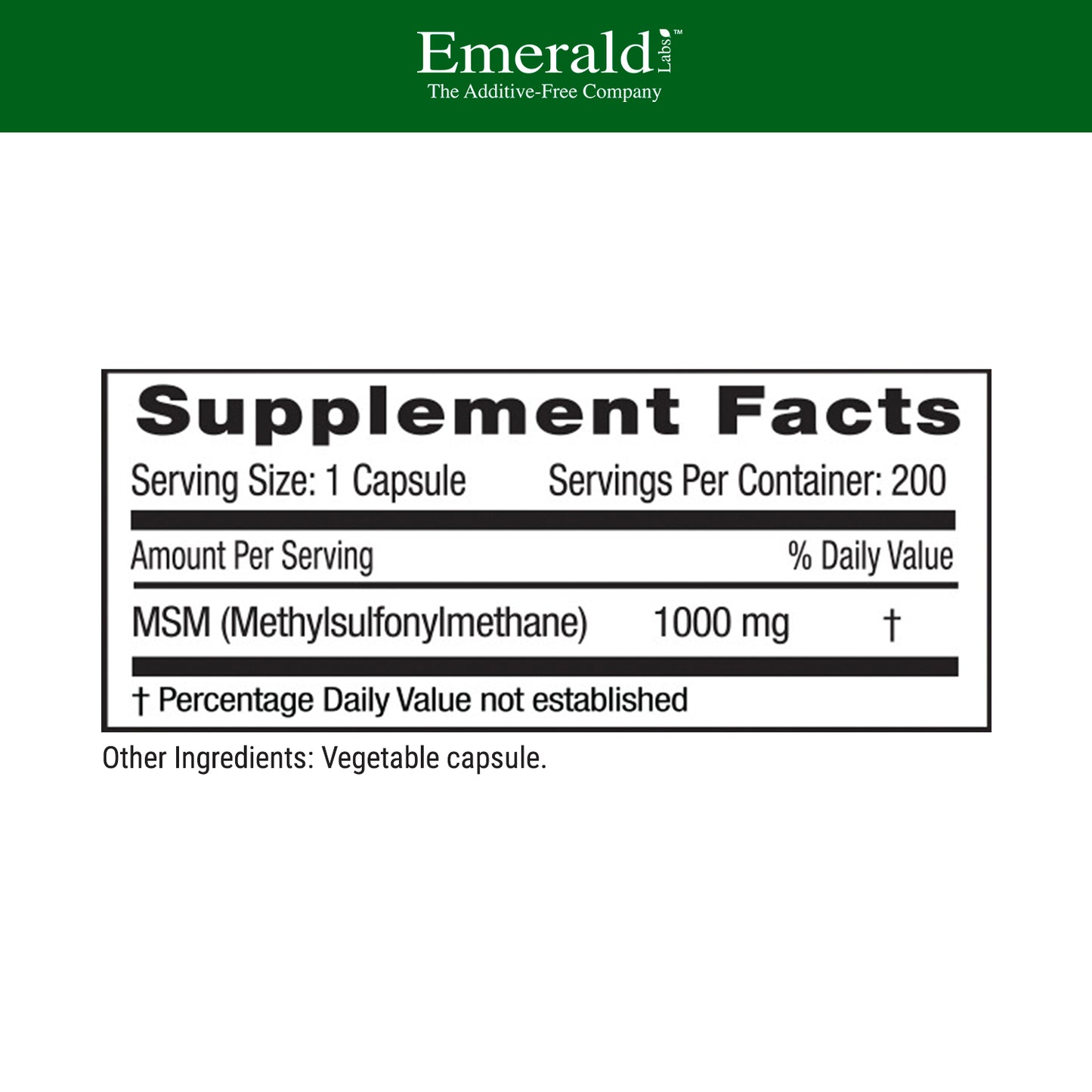 Emerald Labs MSM 1000 mg - Dietary Supplement with Plant-Sourced Methylsulfonylmethane for Joint Support and Healthy Immune Function - 200 Vegetable Capsules