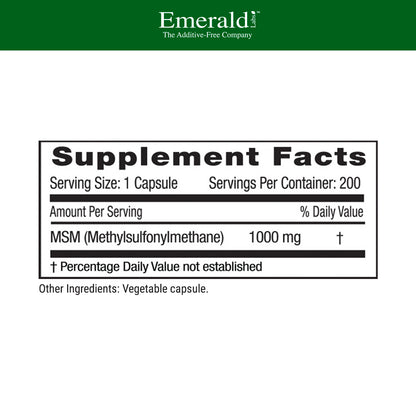 Emerald Labs MSM 1000 mg - Dietary Supplement with Plant-Sourced Methylsulfonylmethane for Joint Support and Healthy Immune Function - 200 Vegetable Capsules