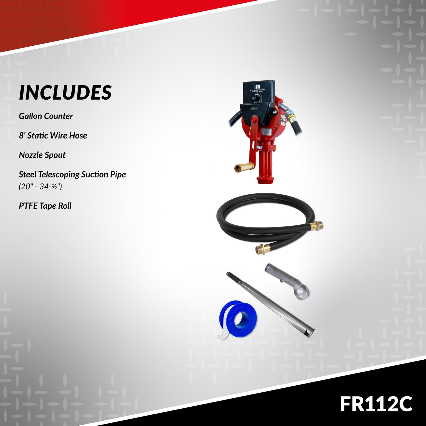 Fill-Rite FR112C Fuel Transfer Rotary Hand Pump w/Gallon Counter, Discharge Hose, Straight Spout, Vacuum Breaker, & Suction Pipe
