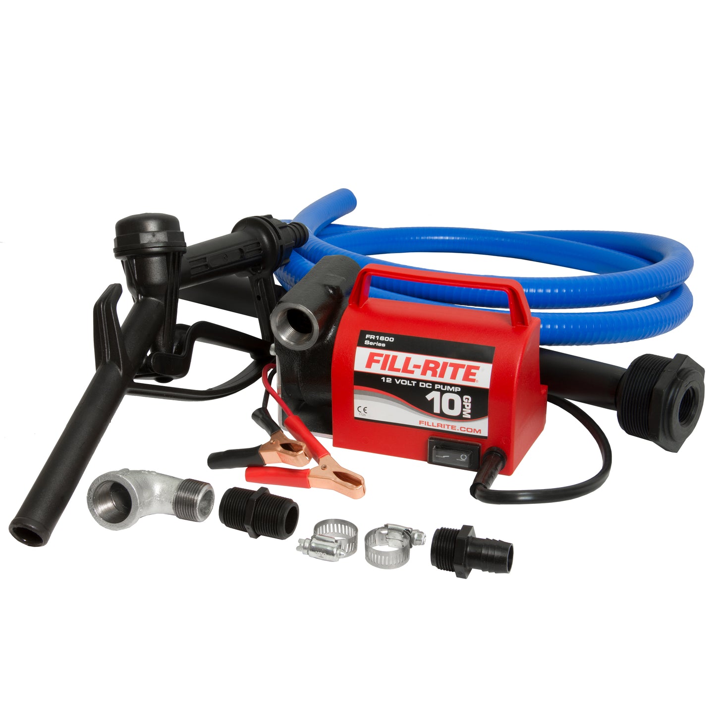 Fill-Rite FR1616 12V 10 GPM Portable Diesel Transfer Pump w/Discharge Hose, Manual Nozzle, Power Cable/Clips, & Suction Pipe